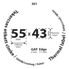 55*43mm  címkét tartamazó 40mm belső corra tekercselt 500 lapot tartalmazó termék melynek GAP=2mm EDGE=1mm. A tekercs átmérője 76mm