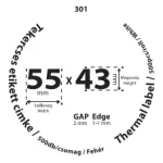 55*43mm  címkét tartamazó 40mm belső corra tekercselt 500 lapot tartalmazó termék melynek GAP=2mm EDGE=1mm. A tekercs átmérője 76mm