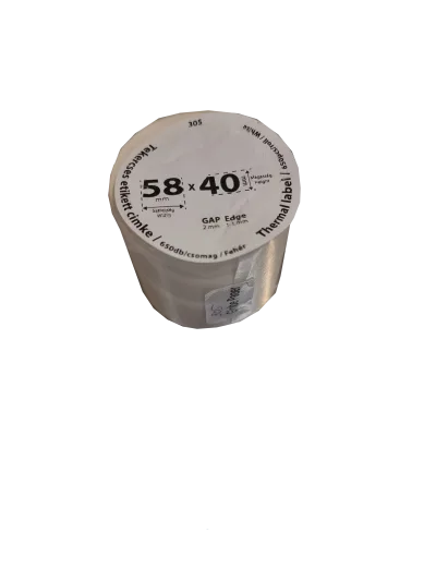 58*40mm címkét tartamazó 40mm belső corra tekercselt 650 lapot tartalmazó termék melynek GAP=2mm EDGE=1mm. A tekercs átmérője 82mm