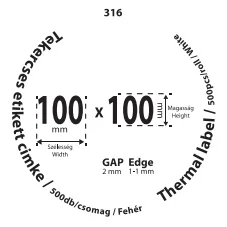 100*100mm címkét tartamazó 40mm belső corra tekercselt 600 lapot tartalmazó termék melynek GAP=2mm EDGE=1mm. A tekercs átmérője 102mm