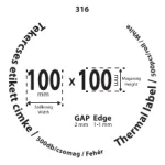 100*100mm címkét tartamazó 40mm belső corra tekercselt 600 lapot tartalmazó termék melynek GAP=2mm EDGE=1mm. A tekercs átmérője 102mm