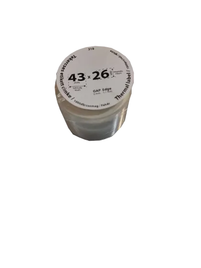 43*26mm címkét tartamazó 40mm belső corra tekercselt 1000 lapot tartalmazó termék melynek GAP=2mm EDGE=1mm. A tekercs átmérője 82mm