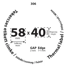 58*40mm címkét tartamazó 40mm belső corra tekercselt 500 lapot tartalmazó termék melynek GAP=2mm EDGE=1mm. A tekercs átmérője 75mm