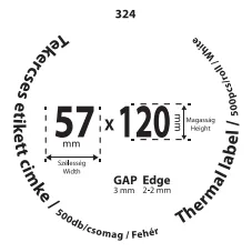 57*120mm címkét tartamazó 40mm belső corra tekercselt 500 lapot tartalmazó termék melynek GAP=3mm EDGE=2mm. A tekercs átmérője 110mm