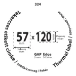 57*120mm címkét tartamazó 40mm belső corra tekercselt 500 lapot tartalmazó termék melynek GAP=3mm EDGE=2mm. A tekercs átmérője 110mm