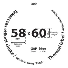 58*60mm címkét tartamazó 40mm belső corra tekercselt 400 lapot tartalmazó termék melynek GAP=2mm EDGE=1mm. A tekercs átmérője 79mm