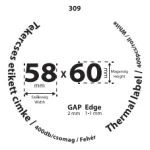 58*60mm címkét tartamazó 40mm belső corra tekercselt 400 lapot tartalmazó termék melynek GAP=2mm EDGE=1mm. A tekercs átmérője 79mm