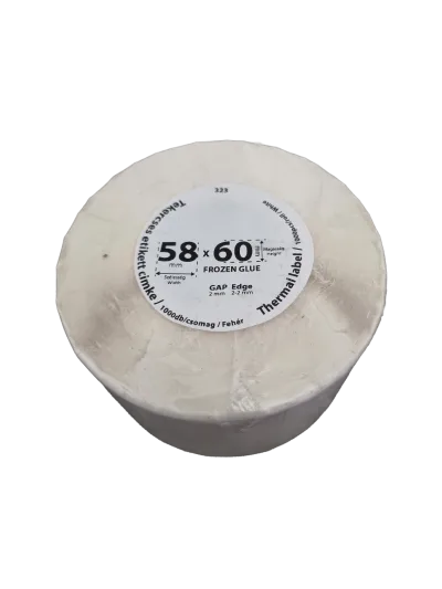 58*60mm címkét tartamazó 40mm belső corra tekercselt 1000 lapot tartalmazó termék melynek GAP=2mm EDGE=2mm. A tekercs átmérője 110mm FAGYOS