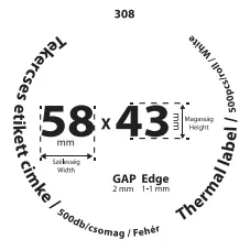 58*43mm címkét tartamazó 40mm belső corra tekercselt 500 lapot tartalmazó termék melynek GAP=2mm EDGE=1mm. A tekercs átmérője 76mm