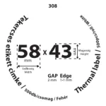 58*43mm címkét tartamazó 40mm belső corra tekercselt 500 lapot tartalmazó termék melynek GAP=2mm EDGE=1mm. A tekercs átmérője 76mm
