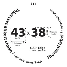 43*38mm címkét tartamazó 40mm belső corra tekercselt 1000 lapot tartalmazó termék melynek GAP=2mm EDGE=1mm. A tekercs átmérője 93mm