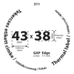 43*38mm címkét tartamazó 40mm belső corra tekercselt 1000 lapot tartalmazó termék melynek GAP=2mm EDGE=1mm. A tekercs átmérője 93mm